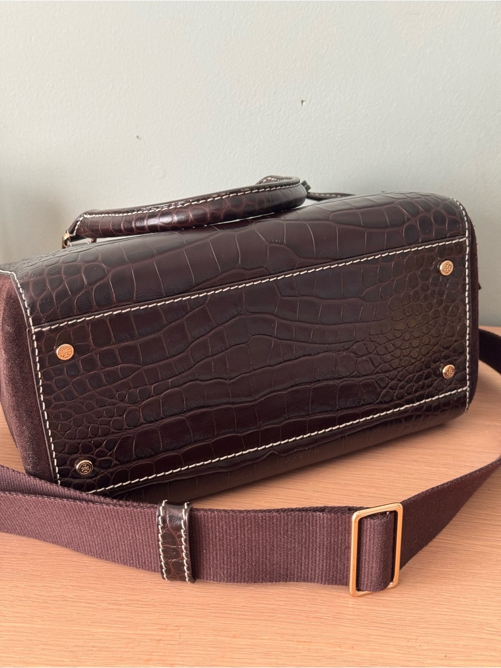 Tory Burch Dark Mahogany Thea Crocodile Embossed Web Small Satchel - Picture 5 of 12